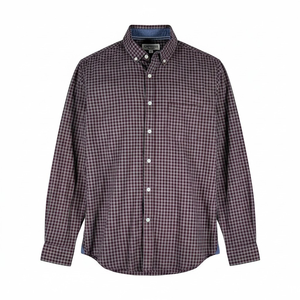 Express Mens Soft Wash Burgundy Grey Gingham Long Sleeve Button Down Shirt Sz M